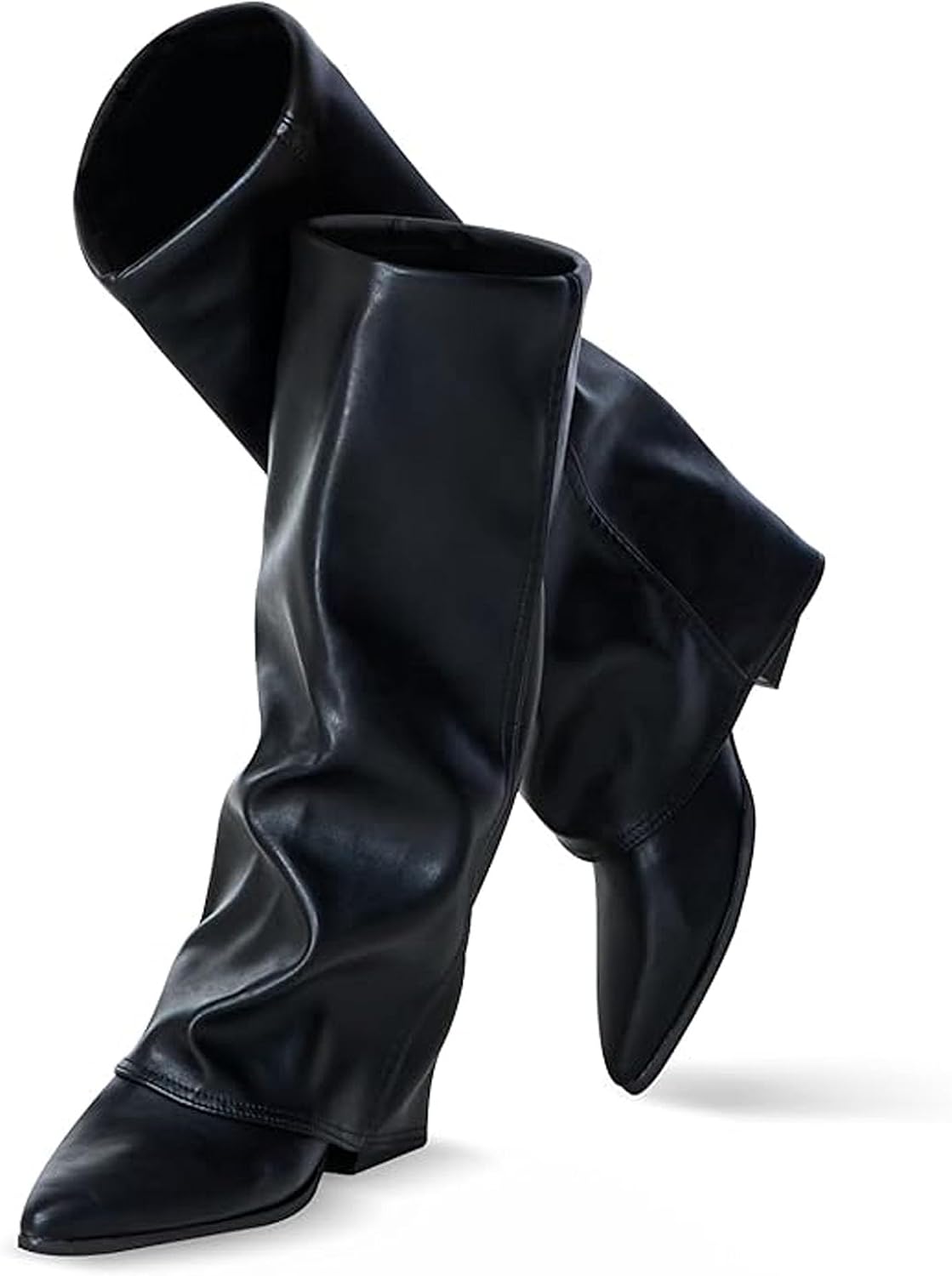 Faux Leather Fold Over Knee Boots